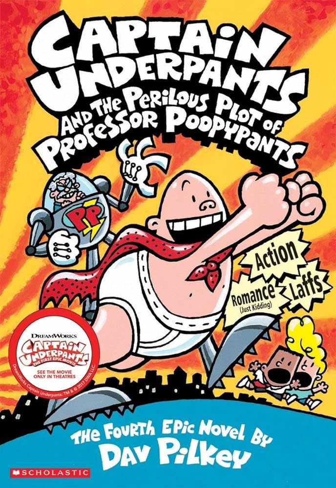 Captain Underpants book cover featuring cartoon superhero and Professor Poopypants character, humorous children's graphic novel by Dav Pilkey, book 4 in series