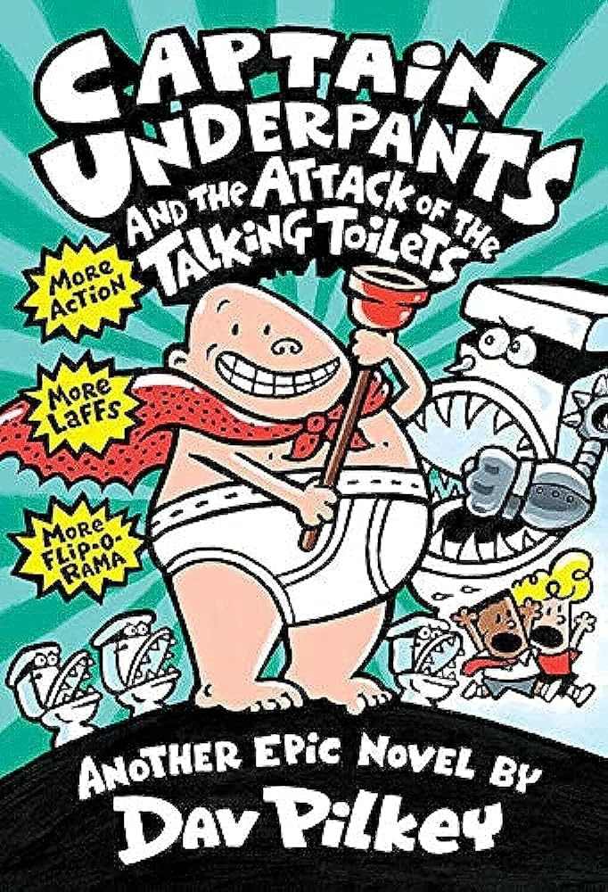 Captain Underpants book cover showing cartoon superhero and talking toilets, humorous children's graphic novel by Dav Pilkey, book 2 in series