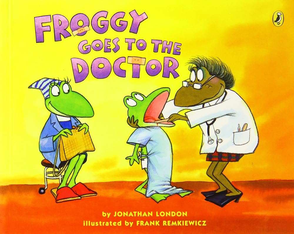 Cover of Froggy Goes to the Doctor showing green frog character Froggy in doctor's office with medical equipment