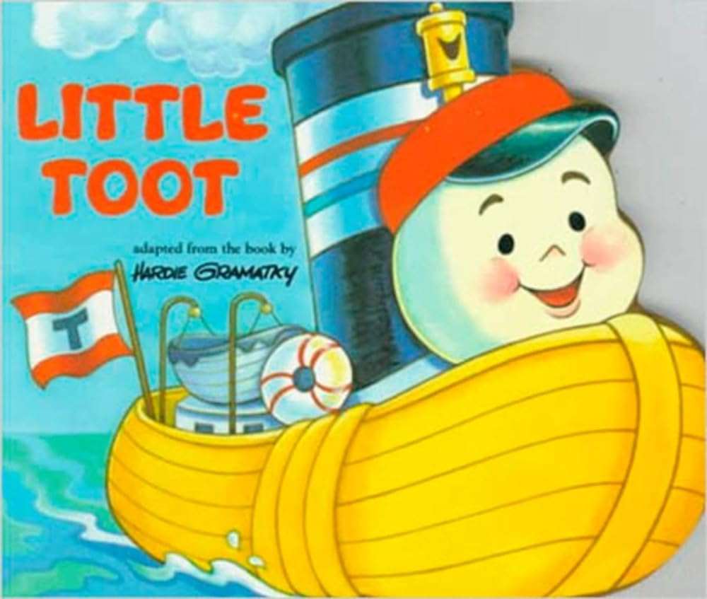 Cover of Little Toot board book showing red tugboat character on blue water with classic children's book illustration