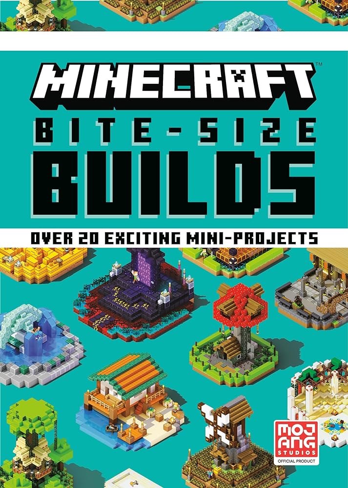 Official Minecraft guide book cover showing pixelated building designs and game characters, step-by-step construction guide by Mojang team