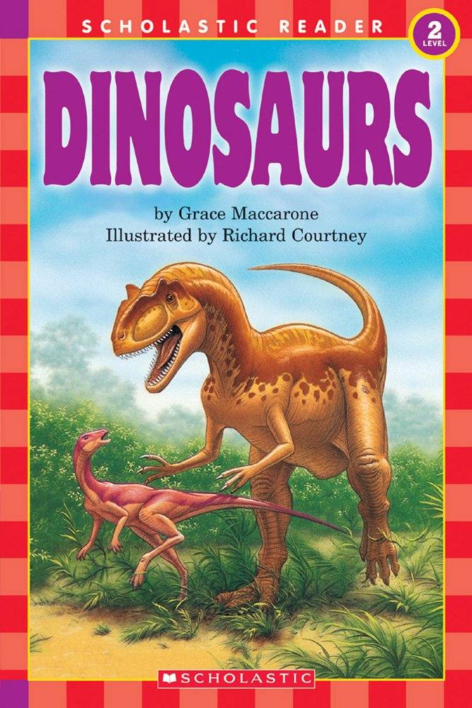 Scholastic Reader Level 2 Dinosaurs book cover showing colorful dinosaur illustrations for early readers ages 5-8