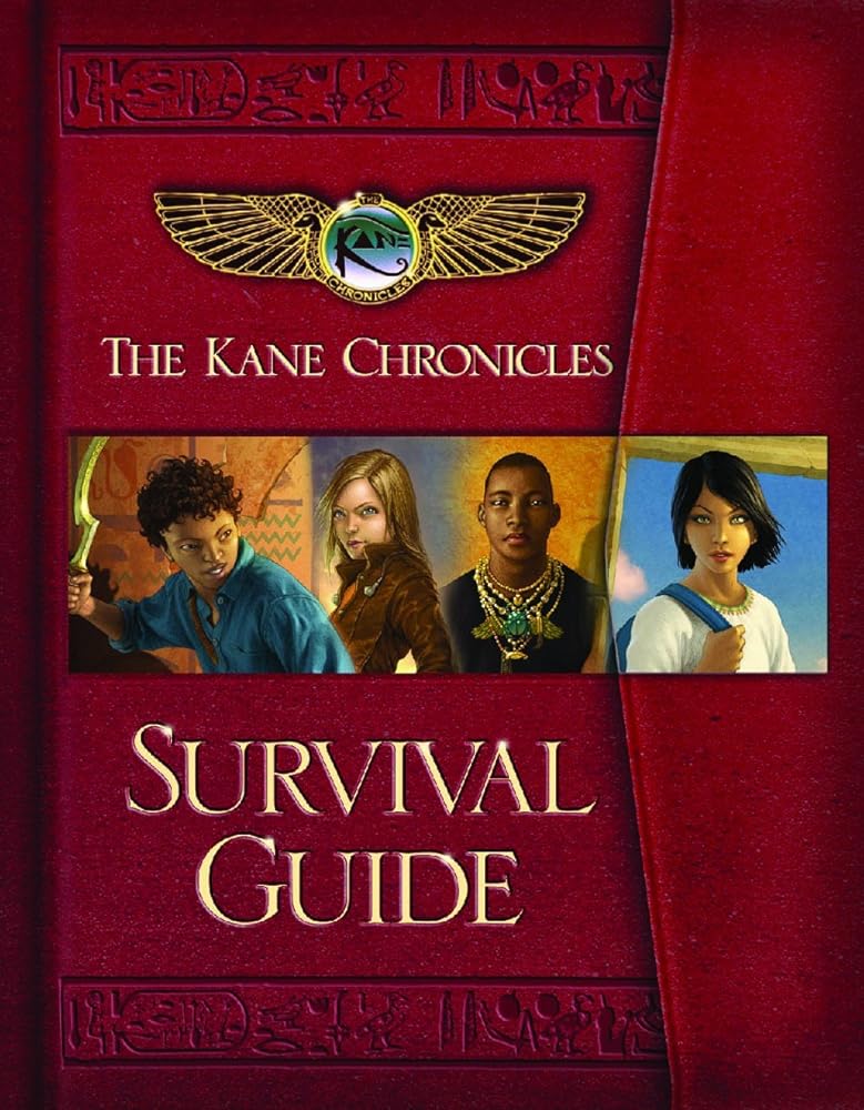 Book cover of Kane Chronicles Survival Guide by Rick Riordan featuring Egyptian hieroglyphs and golden pyramid design, hardcover mythology guide for young readers