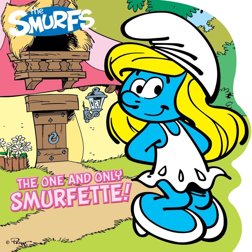 Cover of The One and Only Smurfette shaped board book showing Smurfette character in blue dress with blonde hair