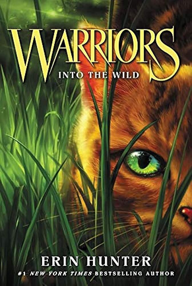 Book cover of Warriors Into the Wild by Erin Hunter showing orange tabby cat in forest setting, paperback fantasy adventure novel for middle grade readers